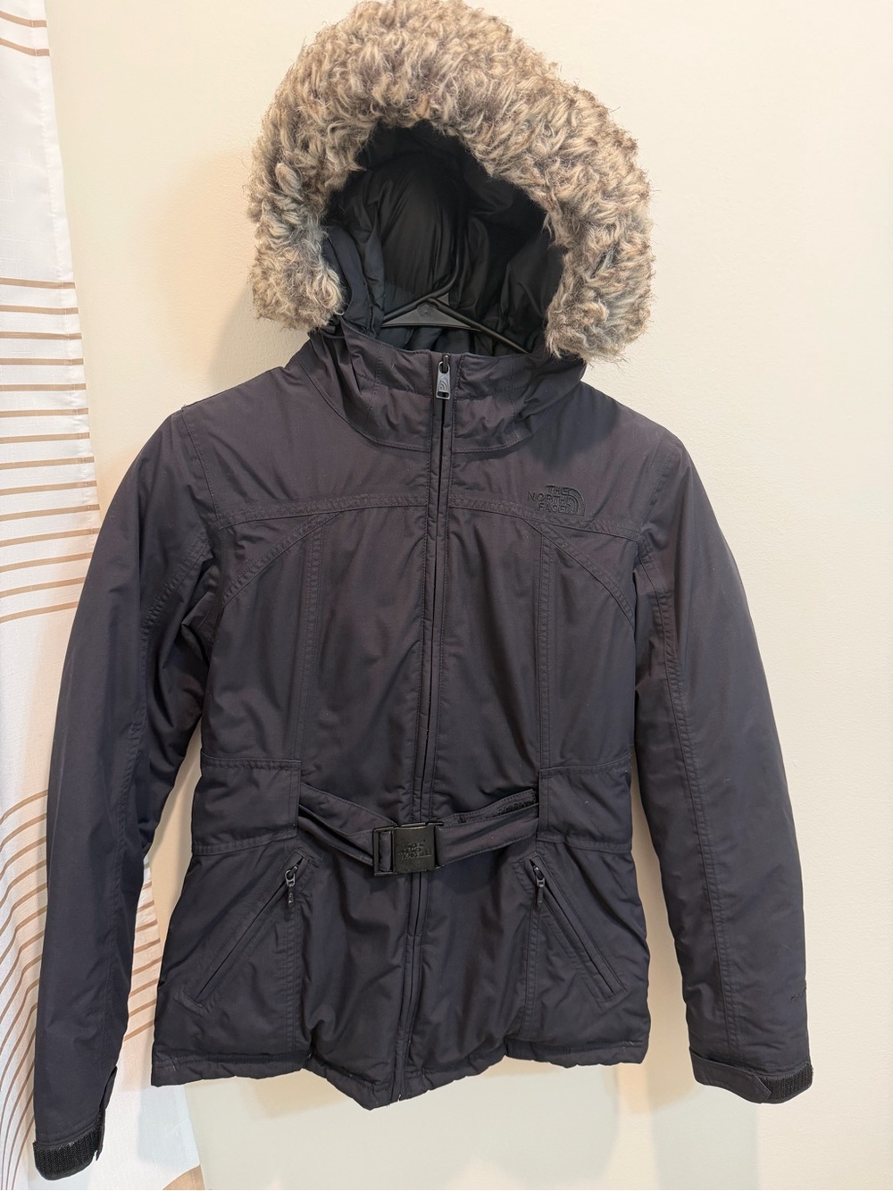 The North Face Women's Black Hooded Puffer Jacket with Faux Fur Trim